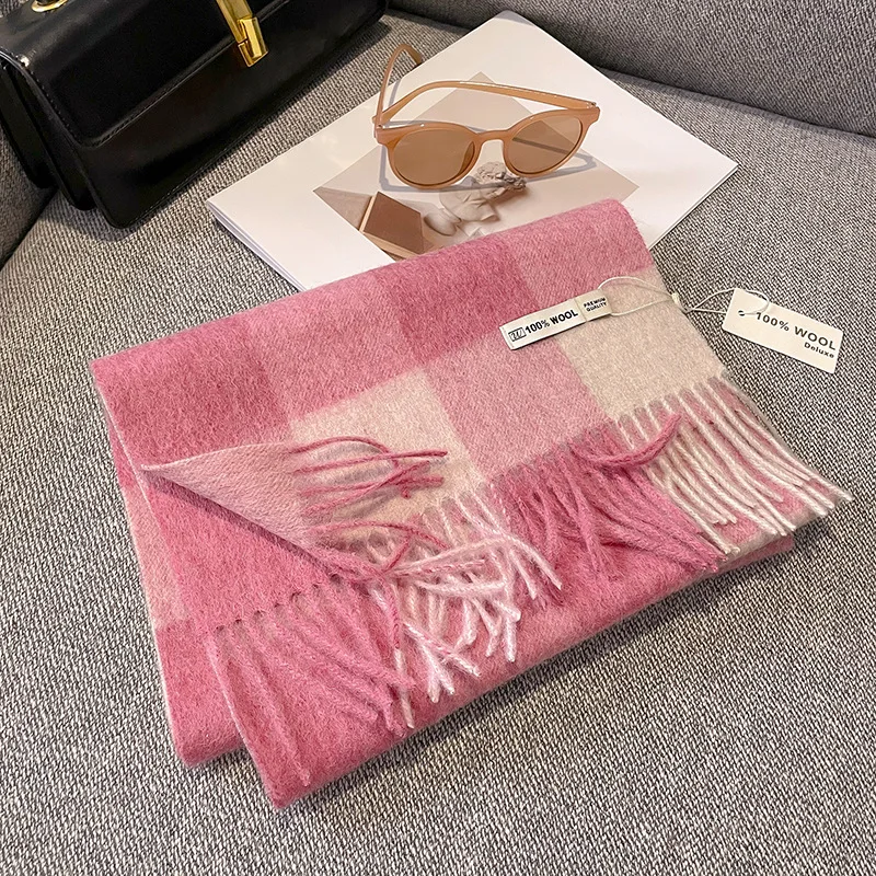 Écharpe femme laine cachemire motifs carrés, élégance – douceur